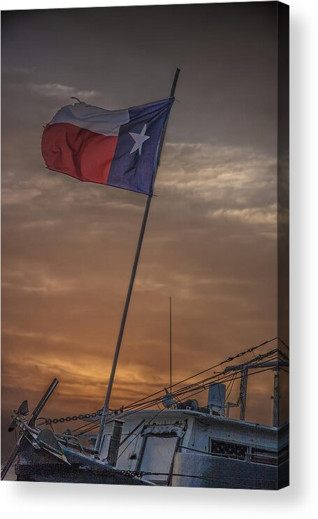 Migration Acrylic Print featuring the photograph Texas Flag Flying from a Fishing Boat at Sunrise by Randall Nyhof