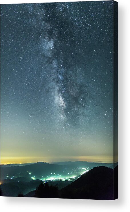 Scenics Acrylic Print featuring the photograph The Milky Way Hovering Above A Town by Trevor Williams