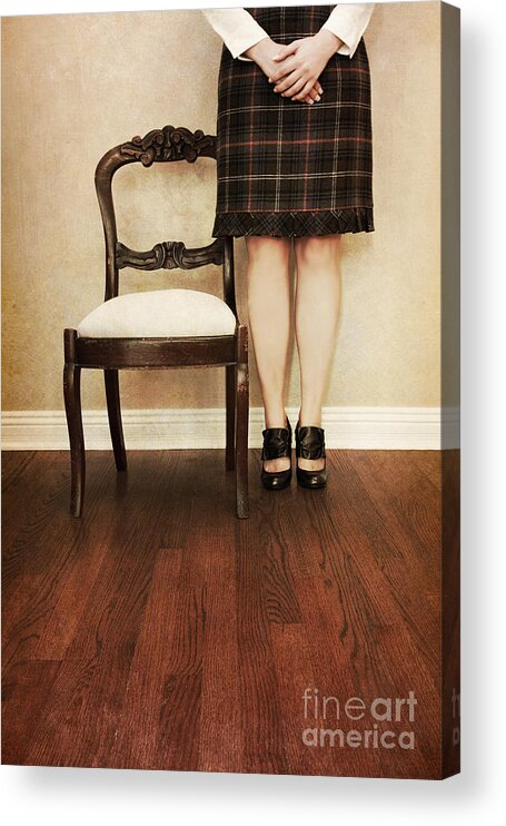 Woman; Female; Lady; Standing; Skirt; Legs; Hands; Knees; School; Teacher; Wood; Shoes; Prim; Proper; Caucasian; Old; Vintage; Plaid; Matron Acrylic Print featuring the photograph The Stand by Margie Hurwich