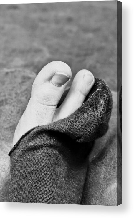 Black Acrylic Print featuring the photograph Torn sock by Tom Gowanlock