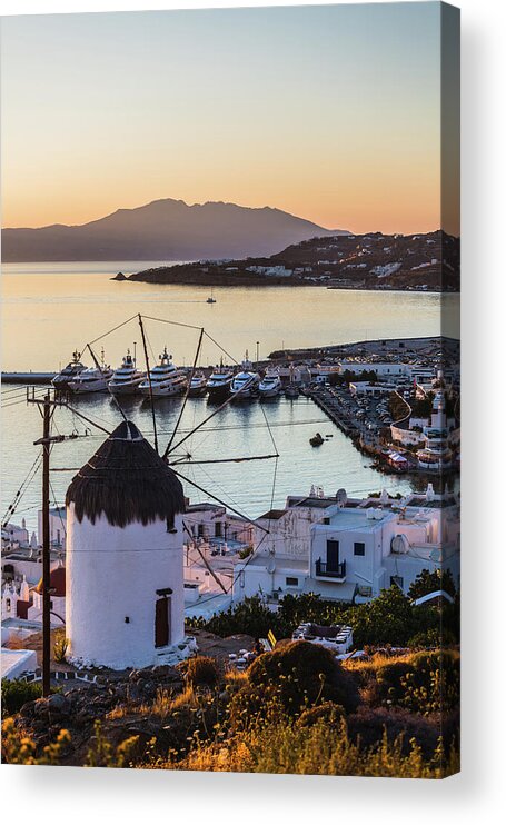 Motorboat Acrylic Print featuring the photograph Traditional Greek Windmill In Mykonos by Deimagine