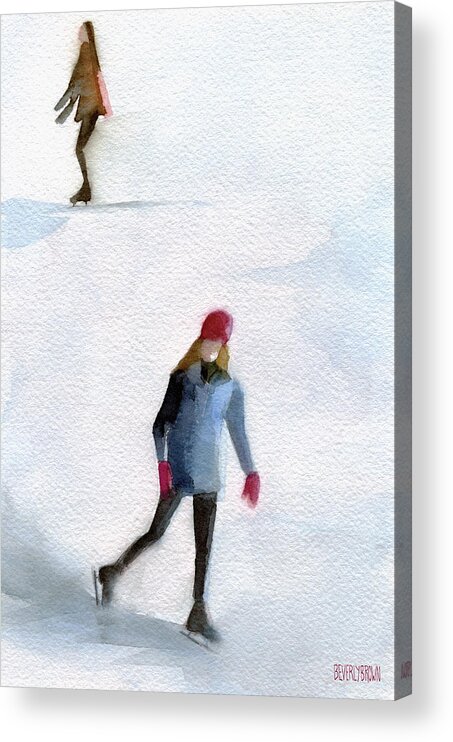 Ice Skating Acrylic Print featuring the painting Two Girls Ice Skating Watercolor Painting by Beverly Brown