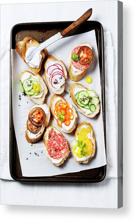 White Background Acrylic Print featuring the photograph Variety Of Crostini by Claudia Totir