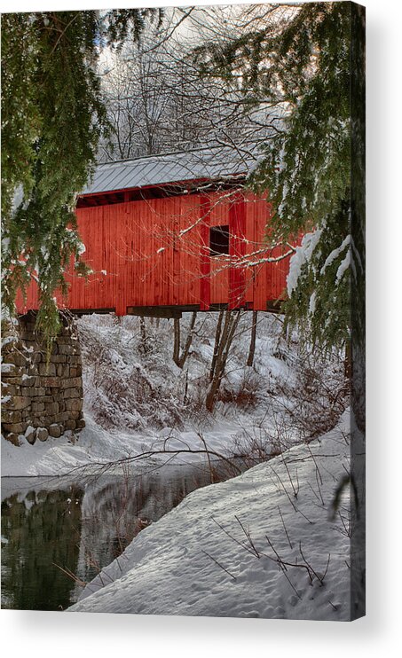 Covered Bridge Acrylic Print featuring the photograph View through the boughs of Vermont covered bridge by Jeff Folger
