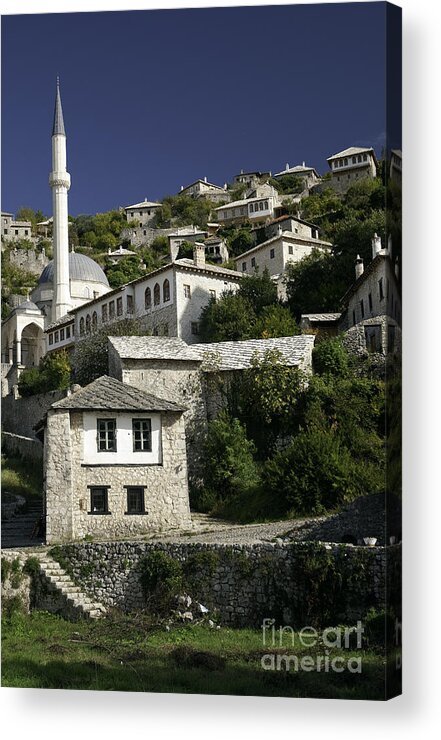 Bosnia Hercegovina Herzegovina Balkans Adriatic Pocitelj Historic Acrylic Print featuring the photograph views of pocitelj in Bosnia Hercegovina with minaret bridge and river by JM Travel Photography