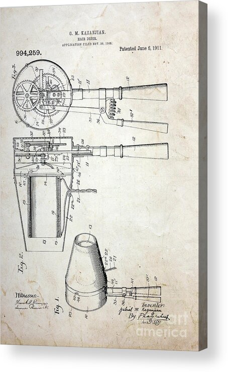 Paul Ward Acrylic Print featuring the photograph Vintage Hair Dryer Patent by Paul Ward