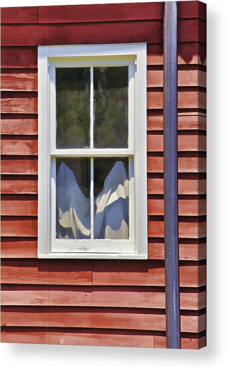 Architecture Acrylic Print featuring the photograph White Wood Window against a Faded Weathered Red Barn Wall by David Letts