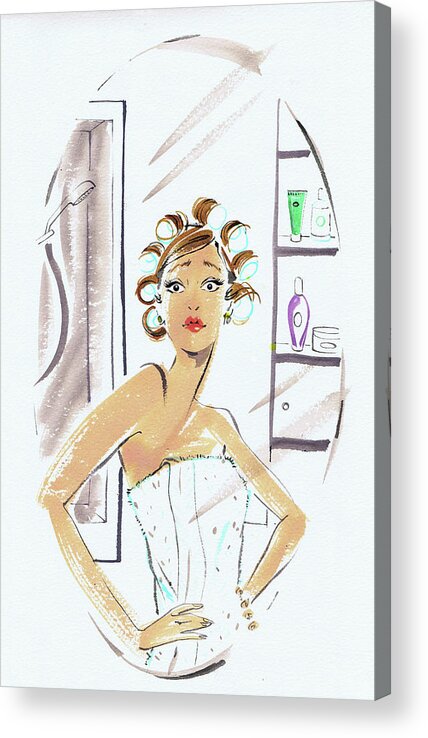 20-24 Years Acrylic Print featuring the painting Woman In Curlers And Towel Looking by Ikon Images