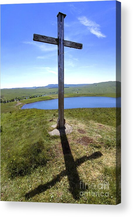 Outdoors Acrylic Print featuring the photograph Wooden cross overlooking Lake Godivelle. Puy de Dome. Auvergne. France by Bernard Jaubert