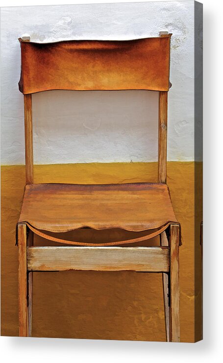 Artistic Acrylic Print featuring the photograph Worn Leather Outdoor Cafe Chair by David Letts