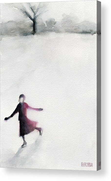 Ice Skating Acrylic Print featuring the painting Young Woman Ice Skating Watercolor Painting by Beverly Brown