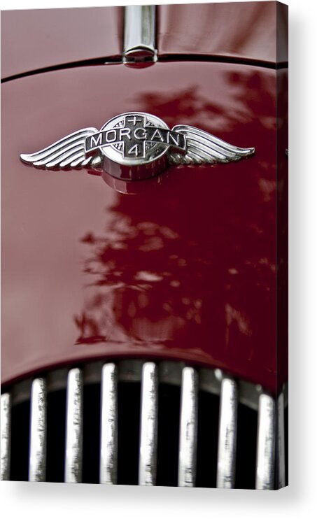 1960 Morgan Plus Four Drophead Coupe Acrylic Print featuring the photograph 1960 Morgan Plus Four Drophead Coupe Hood Emblem by Jill Reger