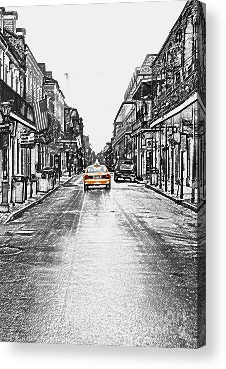 Travelpixpro French Quarter Acrylic Print featuring the digital art Bourbon St Taxi French Quarter New Orleans Color Splash Black and White Colored Pencil Digital Art by Shawn O'Brien