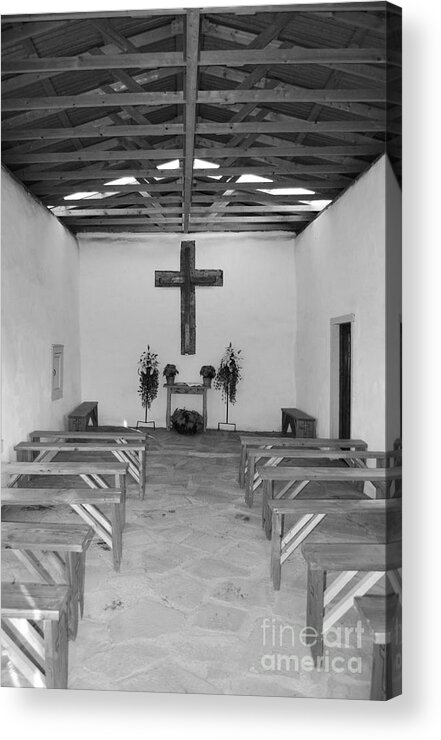 Travelpixpro West Texas Acrylic Print featuring the photograph Calera Mission Chapel Interior in West Texas Black and White by Shawn O'Brien