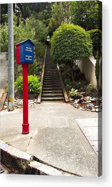 Call Box Acrylic Print featuring the photograph Call Box with Stairs by Grant Groberg