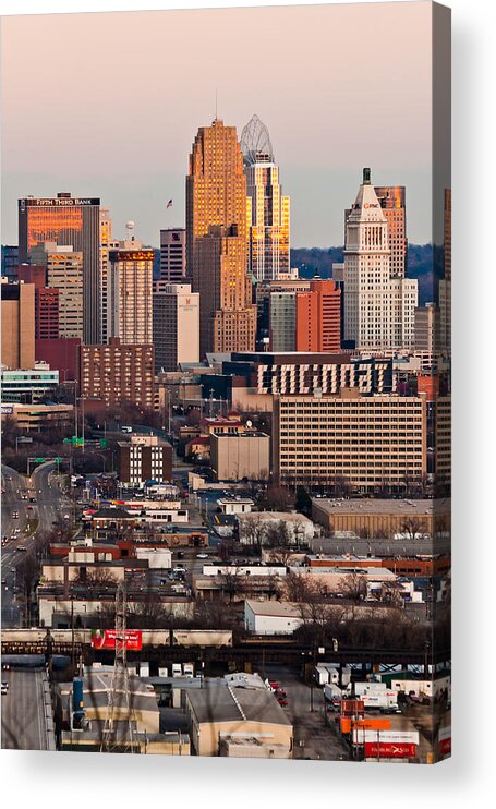 Keith Allen 2012 Canon 1d Mkiii Landscape Cityscape Cincinnati Ohio Skyline Acrylic Print featuring the photograph Cincinnati at Sunset by Keith Allen