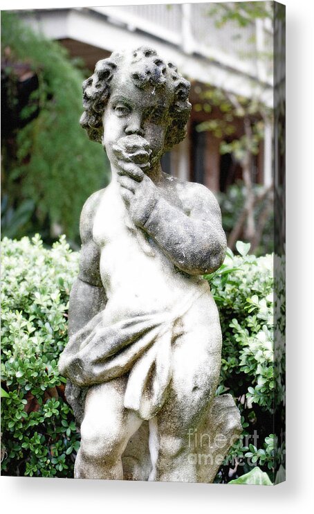 Travelpixpro New Orleans Acrylic Print featuring the photograph Courtyard Statue of a Cherub Smelling a Rose French Quarter New Orleans Diffuse Glow Digital Art by Shawn O'Brien