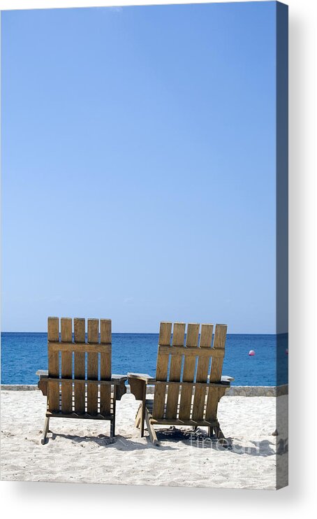 Travelpixpro Cozumel Acrylic Print featuring the photograph Cozumel Mexico Beach Chairs and Blue Skies by Shawn O'Brien