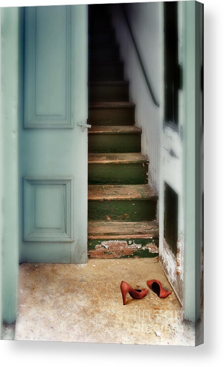 Doorway And Stairs Acrylic Print featuring the photograph Doorway Stairs and red shoes by Jill Battaglia