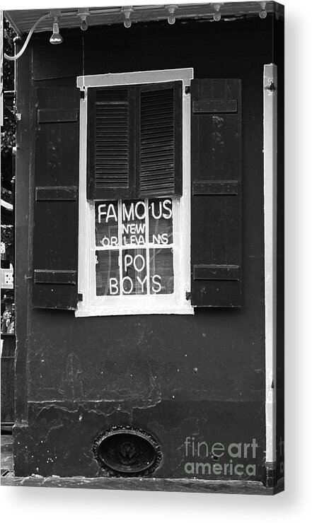 Travelpixpro New Orleans Acrylic Print featuring the digital art Famous New Orleans PO BOYS Neon Window Sign Black and White Accented Edges Digital Art by Shawn O'Brien