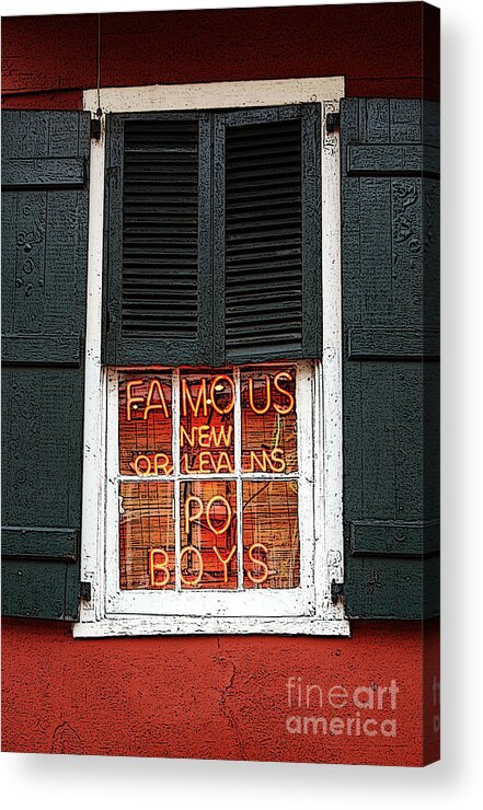 Travelpixpro New Orleans Acrylic Print featuring the digital art Famous New Orleans PO BOYS Red Neon Window Sign Poster Edges Digital Art by Shawn O'Brien