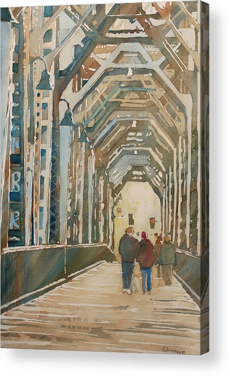 Railroad Acrylic Print featuring the painting Foggy Morning on the Railway Bridge One by Jenny Armitage