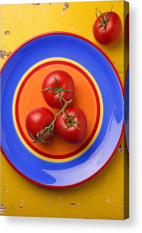Four Tomatoes Acrylic Print featuring the photograph Four tomatoes by Garry Gay
