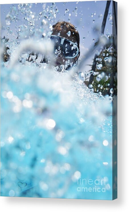 People Acrylic Print featuring the photograph Girl splashing water in swimming pool by Sami Sarkis