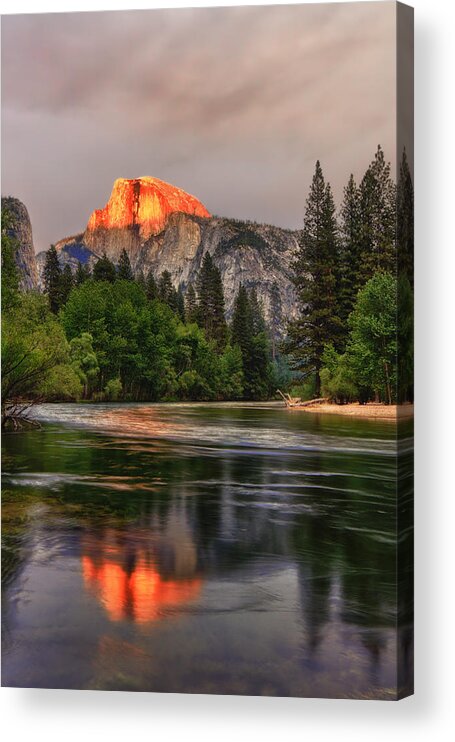 Halfdome Acrylic Print featuring the photograph Golden Light On Halfdome by Beth Sargent