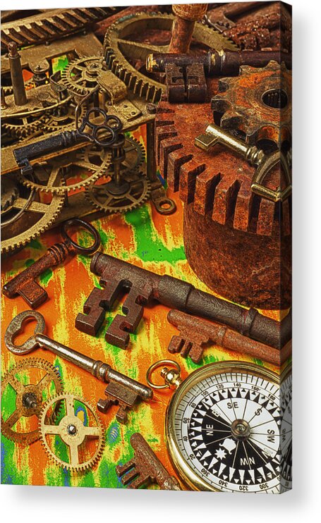 Old Acrylic Print featuring the photograph Keys gears and compass by Garry Gay
