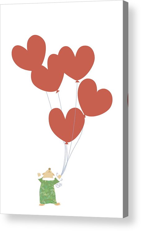 Vertical Acrylic Print featuring the digital art Kid Squirrel Flying And Holding Heart Shaped Balloons by Meg Takamura