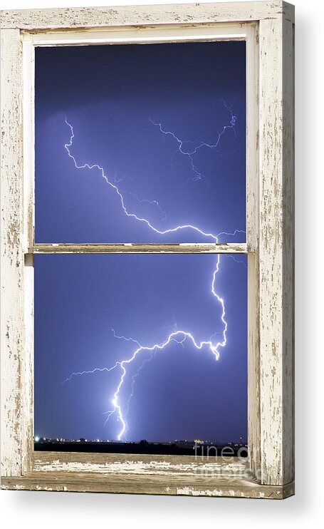 'window Frame Art' Acrylic Print featuring the photograph Lightning Strike White Barn Picture Window Frame Photo Art by James BO Insogna