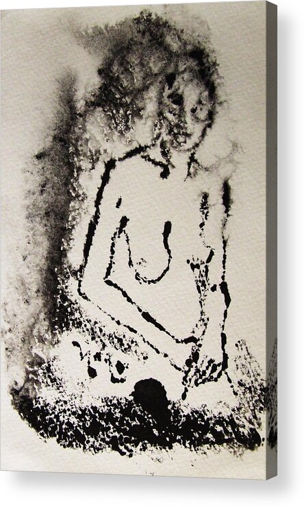 Nude Acrylic Print featuring the painting Nude Young Female that is Mysterious in a Whispy Atmospheric Hand Wringing Pose Monoprint Intaglio by M Zimmerman