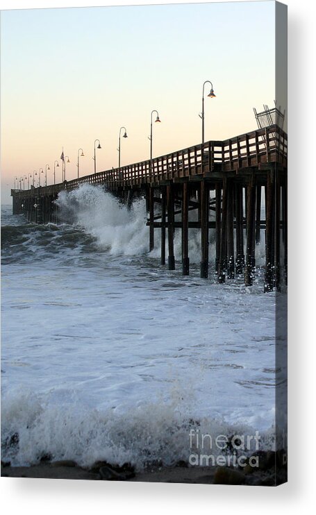 Sunrise Acrylic Print featuring the photograph Ocean Wave Storm Pier by Henrik Lehnerer
