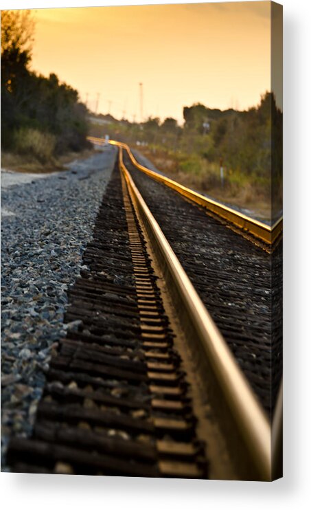 Train Acrylic Print featuring the photograph Railroad Tracks at Sundown by Carolyn Marshall