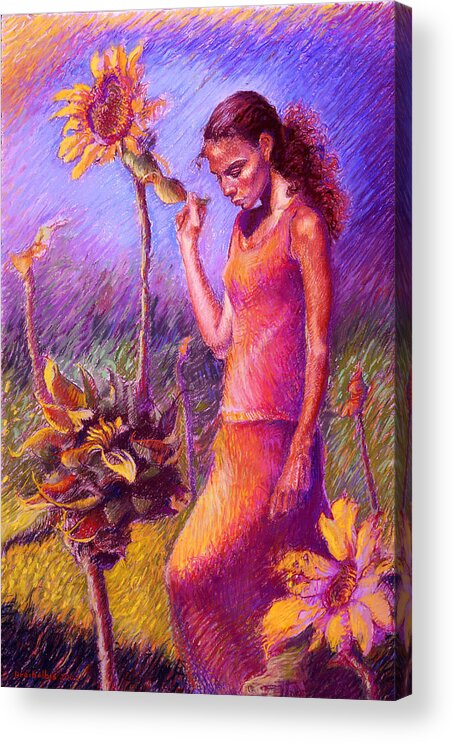 Women Acrylic Print featuring the painting Woman Among the Sunflowers by Ellen Dreibelbis