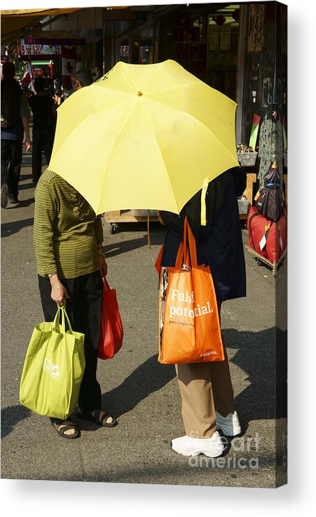 Vancouver Acrylic Print featuring the photograph YELLOW UMBRELLA Vancouver Chinatown by John Mitchell