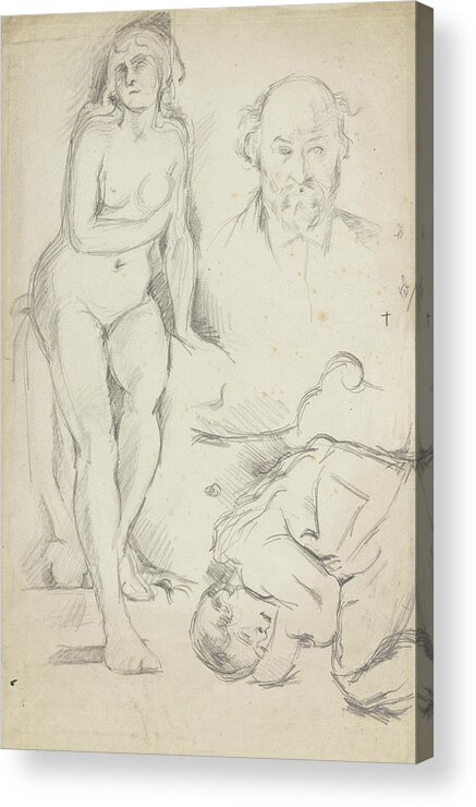 Paul Cezanne Acrylic Print featuring the drawing Studies of Three Figures Including a Self-portrait by Paul Cezanne