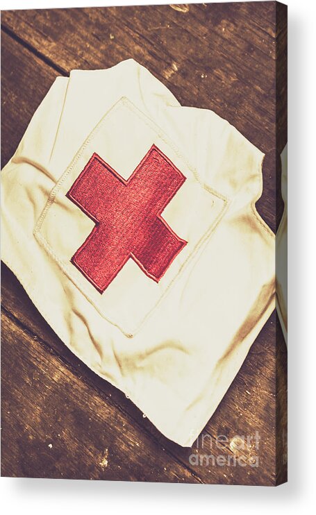 Hospital Acrylic Print featuring the photograph Antique nurses hat with red cross emblem by Jorgo Photography