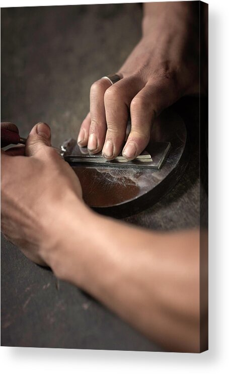 Forged In Fire Acrylic Print featuring the photograph Honing the Blade 1 #1 by Jean Gill