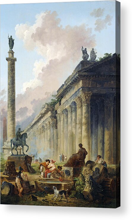 Hubert Robert Acrylic Print featuring the painting Imaginary View of Rome with Equestrian Statue of Marcus Aurelius, the Column of Trajan and a Temple by Hubert Robert