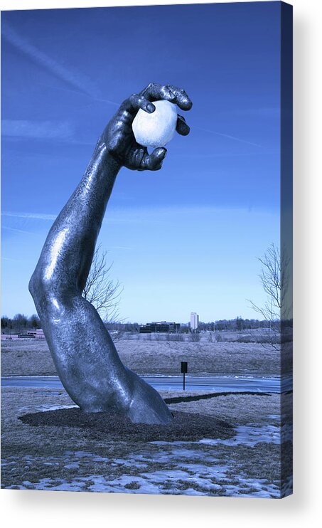 Awakening Snow Ball Snowball Throw Statue Chestefield Mo Acrylic Print featuring the photograph Snowball fight #1 by David Coblitz