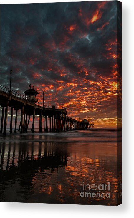 Beach Acrylic Print featuring the photograph Sunset over Huntington Beach Pier #2 by Peter Dang