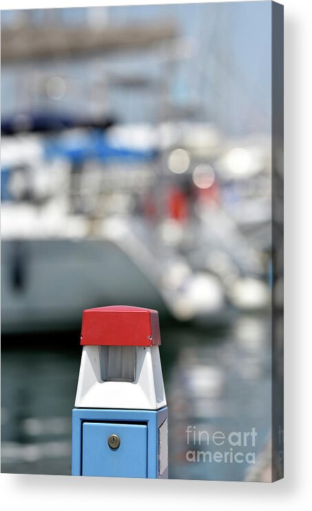 Marina Acrylic Print featuring the photograph Water and electricity supply station with lantern on top #1 by George Atsametakis