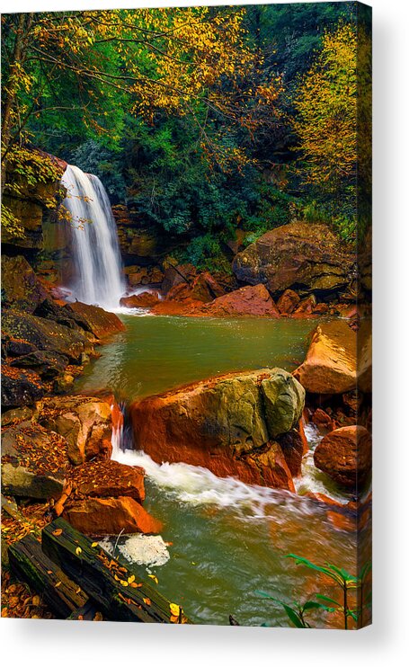 11 West Virginia Falls Landscape Flora Plant Vegetation Tree Branch Forest Rock Boulder Stone Water River Brook Creek Stream Cascade Cascades Flow Rush West Virginia Wv United States Us Land Environment Outside Outdoor Day Fall Autumn Sun Sunlight Sunshine Vertical Tall Bold Bright Luminous Radiant Brilliant Lit Depth Dimension Dynamic Texture Vivid Vibrant Colorful Orange Yellow Gold Green Brown White Alive Life Seclude Conceal Hide Quiet Country Steve Steven Maxx Photography Photo Photographs Acrylic Print featuring the photograph West Virginia Falls #1 by Steven Maxx