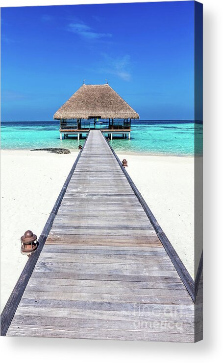 Maldives Acrylic Print featuring the photograph Wooden jetty leading to relaxation lodge. Maldives islands #1 by Michal Bednarek