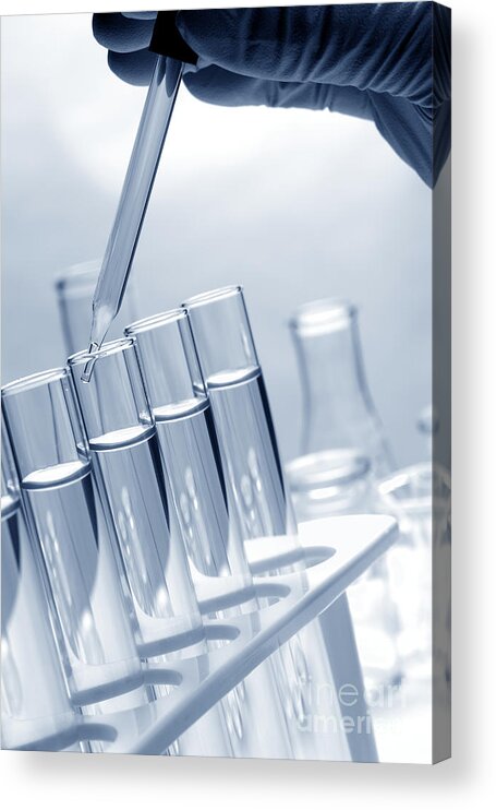 Blue Acrylic Print featuring the photograph Test Tubes in Science Research Lab #107 by Olivier Le Queinec