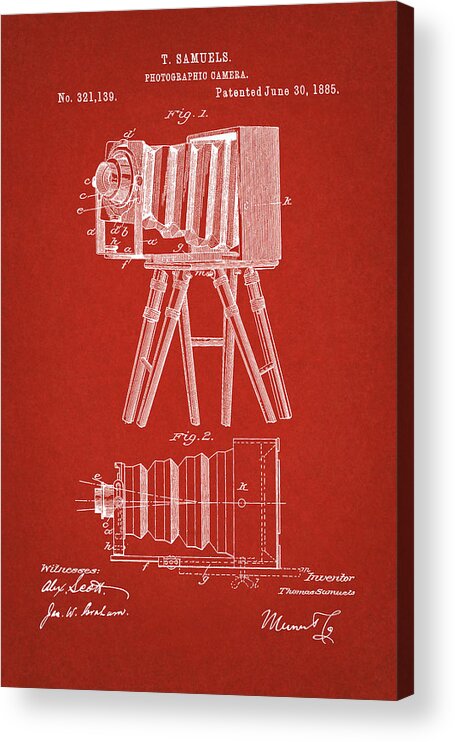 Patent Acrylic Print featuring the digital art 1885 Camera US Patent Invention Drawing - Red by Todd Aaron