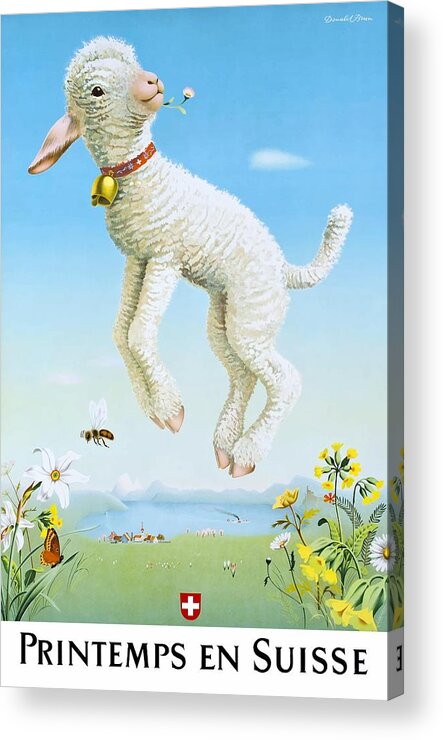 Lamb Acrylic Print featuring the digital art 1945 Spring In Switzerland Travel Poster by Retro Graphics