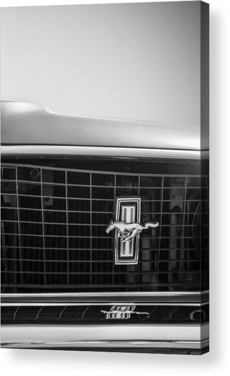 1969 Ford Mustang Grille Emblem Acrylic Print featuring the photograph 1969 Ford Mustang Grille Emblem -0133bw by Jill Reger